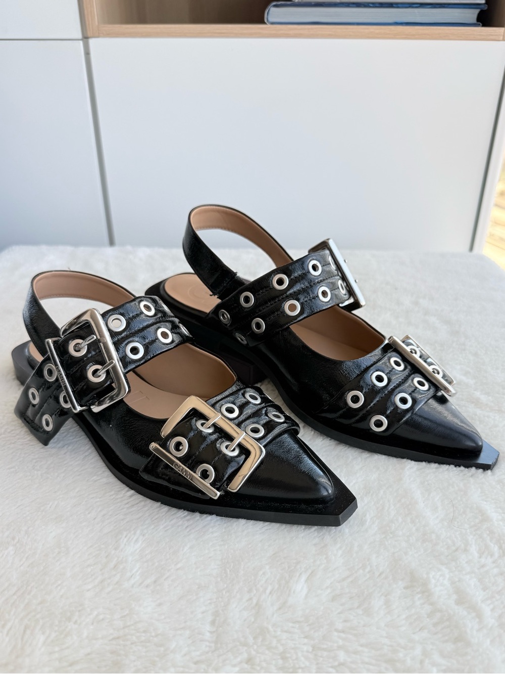 GANNI Feminine Buckle Ballerinas in Black Flat Slingback EU 36 US 6
